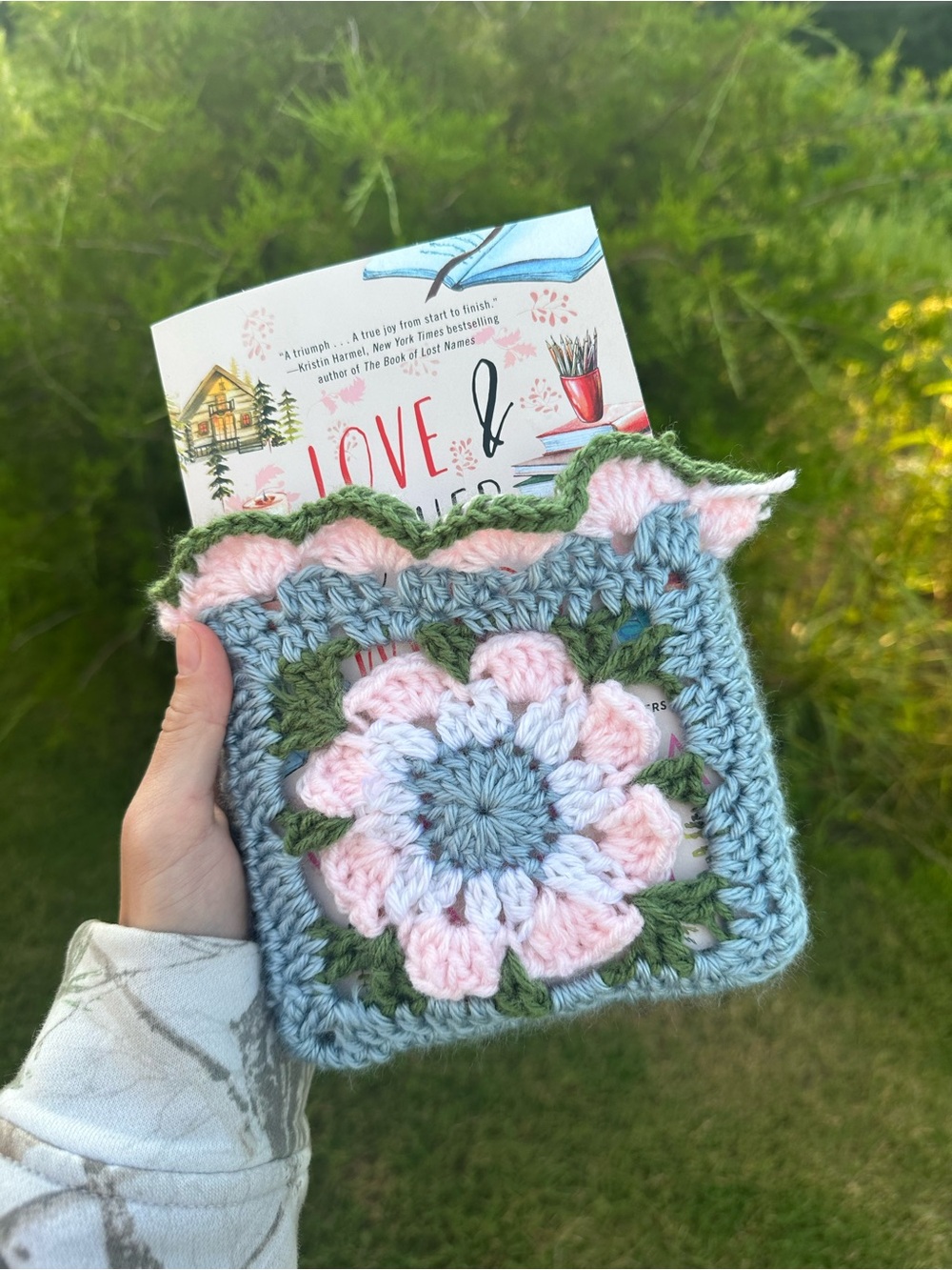 Handmade Crochet Flower Book Sleeve in Blue, Pink & Green